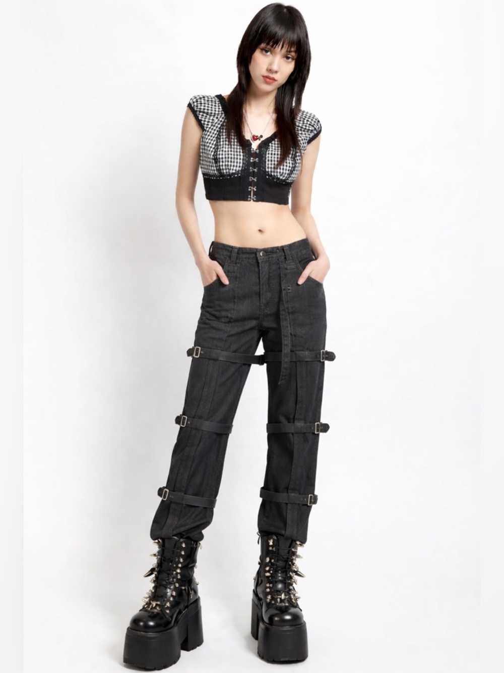 Black Denim Goth Bondage Buckle Harness Pants